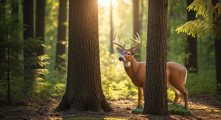 A life-sized foam deer target partially obscured by trees on a sunny, wooded trail, representing a 3D archery course.