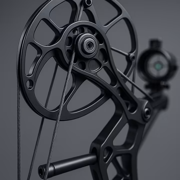 A detailed close-up of a compound bow's cams, pulley system, and the archer's view through the peep sight.