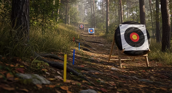 A field archery target on a steep, wooded hillside, with different colored stakes marking the 'walk-up' shooting positions.