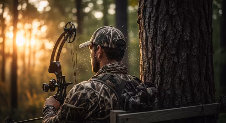 A bowhunter in full camouflage in a treestand, trying to remain still as mosquitoes swarm around his head.