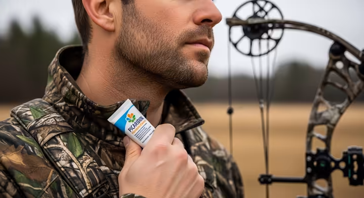 A bowhunter applying scent-free Picaridin lotion to their neck before a hunt.