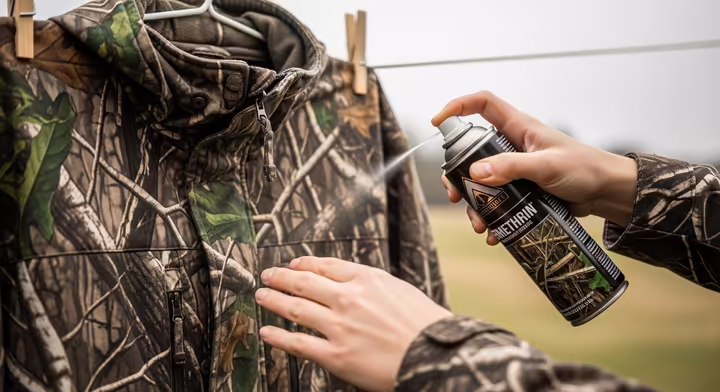 A hunter in an outdoor setting spraying their camouflage jacket with a can of permethrin insect repellent.