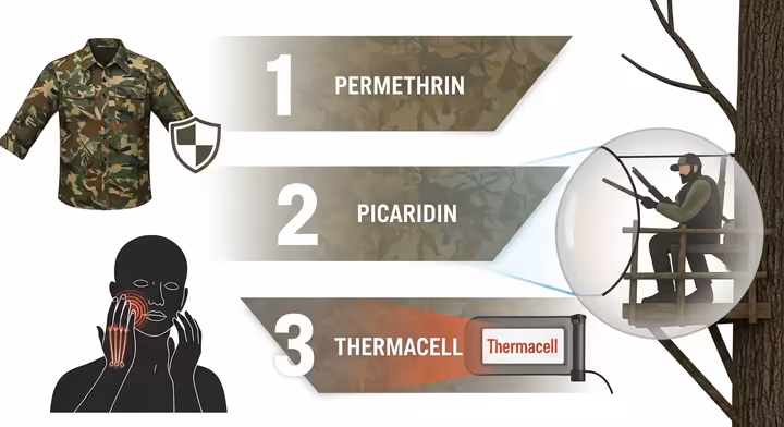 An infographic illustrating the three-layer insect protection system for hunters: permethrin-treated clothing, picaridin on skin, and a Thermacell for a stationary zone.