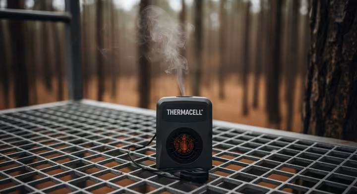 A Thermacell MR300 insect repellent device sitting on the platform of a treestand, creating a protective zone.