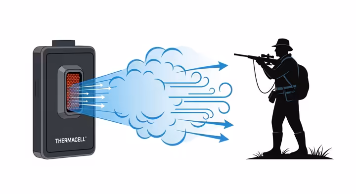 A visual representation of wind blowing away the protective vapor from a Thermacell device.