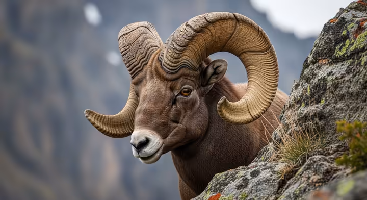 A bighorn sheep with large, curved, permanent horns, shown for comparison to antlers.