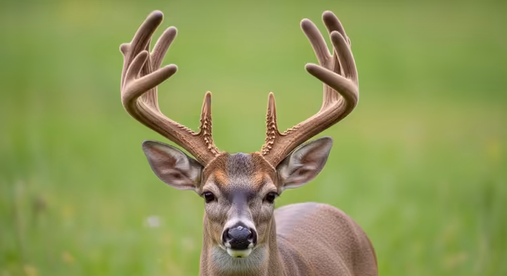 A whitetail buck in a summer field with its growing antlers covered in soft, fuzzy velvet.