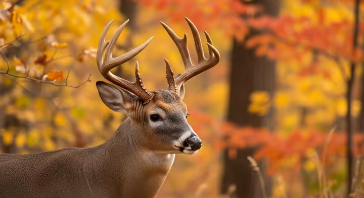 A mature whitetail buck with large, polished brown antlers stands in a sunlit autumn forest.